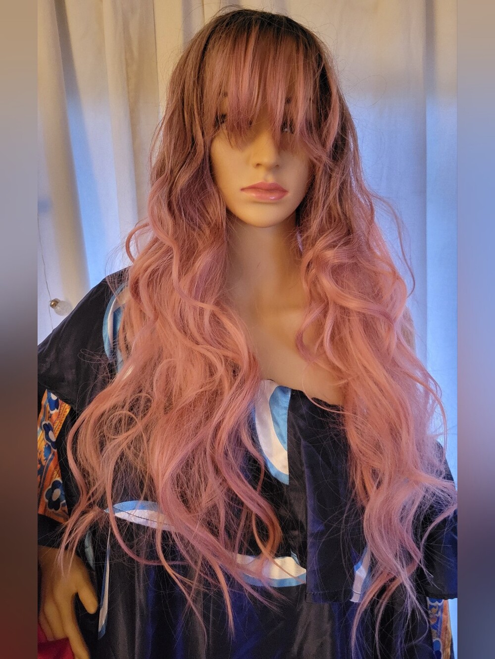 Balayage Synthetic Long Wavy Pink Ombre Women's Wig with Bangs